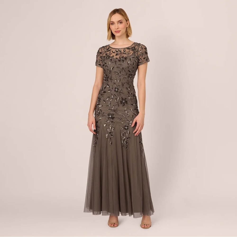 Adrianna Papell Taupe Charcoal Beaded Gown Size 0 NWT Formal MOB MOG GALA Dress - Picture 2 of 10